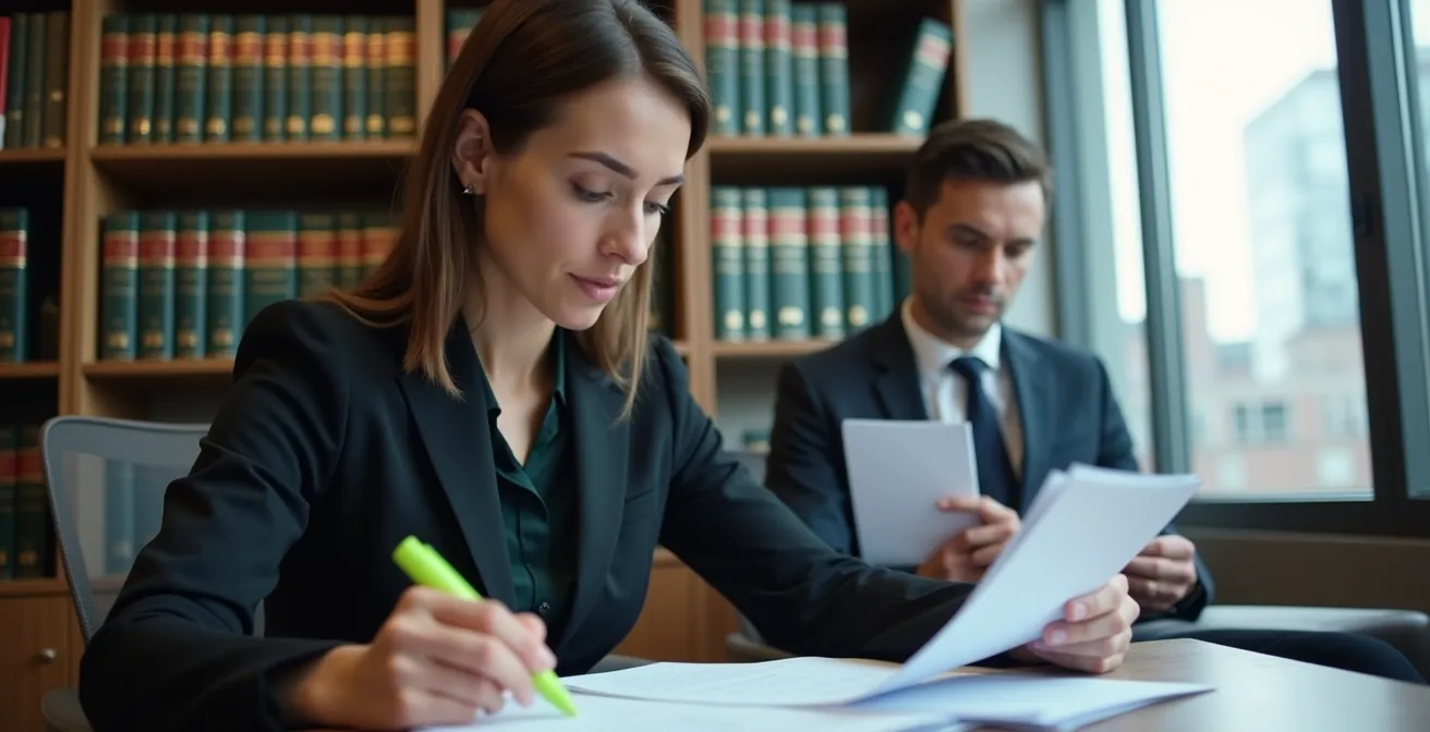 Notaire professionnel analysant un contrat immobilier dans un bureau élégant de Montréal