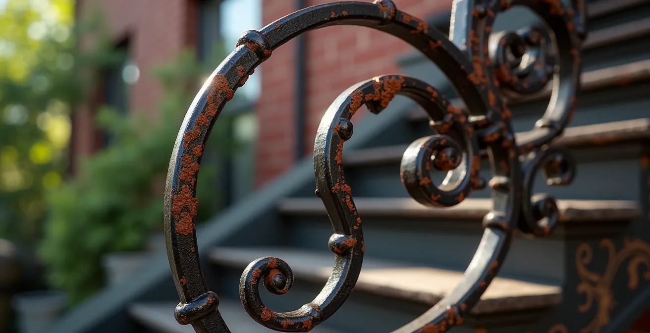 Détail architectural d'un escalier en fer forgé typique de Montréal