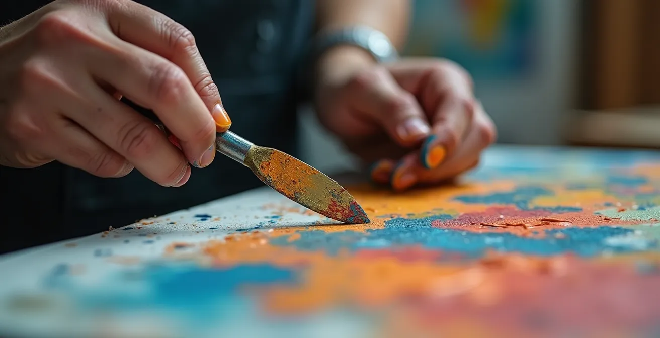 Gros plan sur les mains d'un artiste travaillant la texture de peinture à l'huile dans son atelier