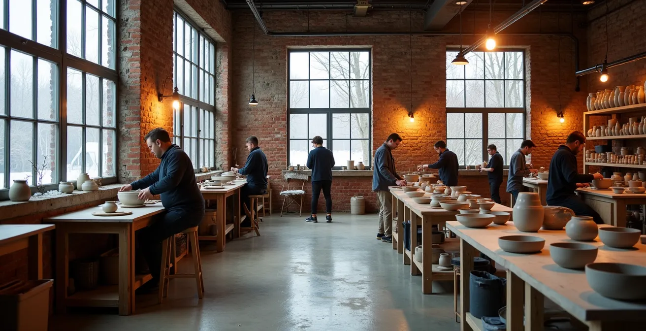 Atelier de céramique chaleureux dans le Mile-End avec artistes travaillant ensemble