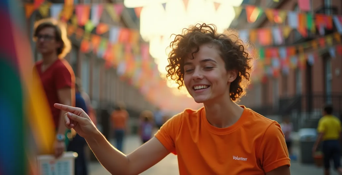 Bénévole aidant à l'organisation d'un festival de rue montréalais en été