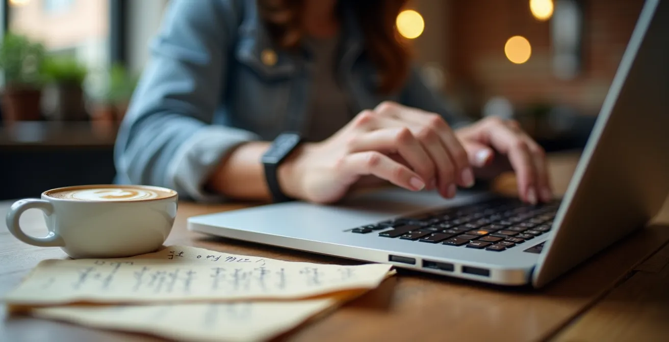 Espace de travail dans un café montréalais avec lumière naturelle et ambiance productive