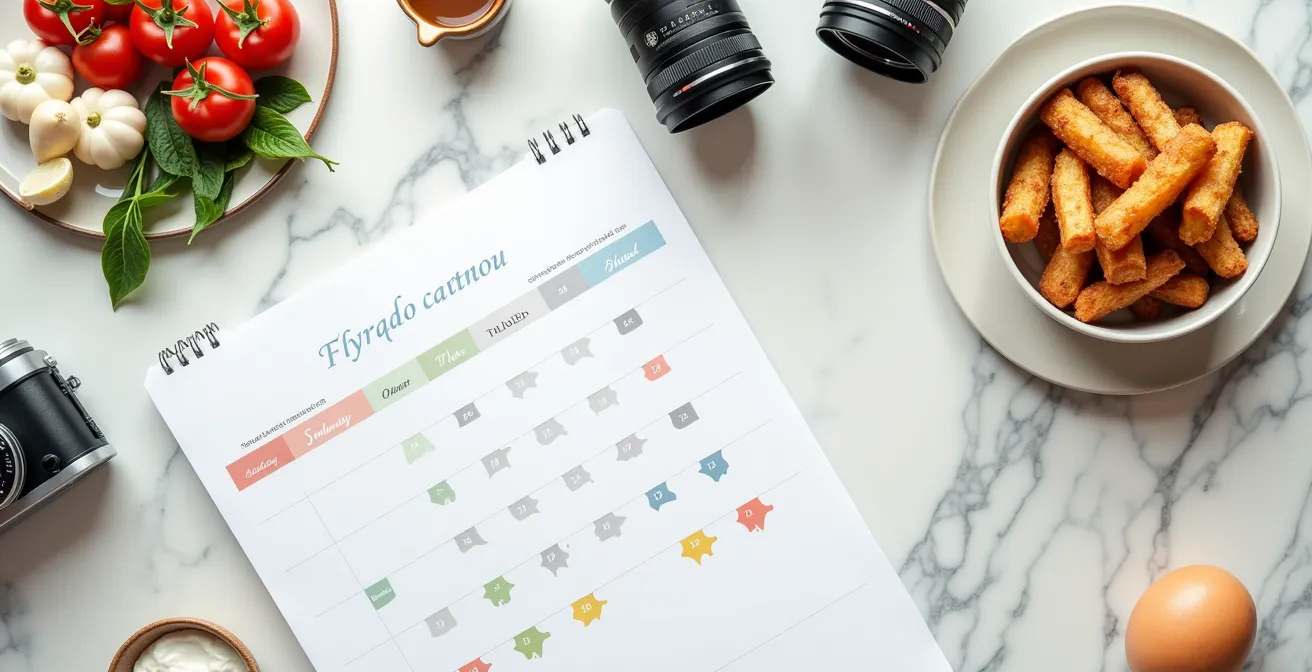 Vue aérienne d'un bureau créatif avec calendrier de contenu, appareil photo et plats montréalais disposés artistiquement