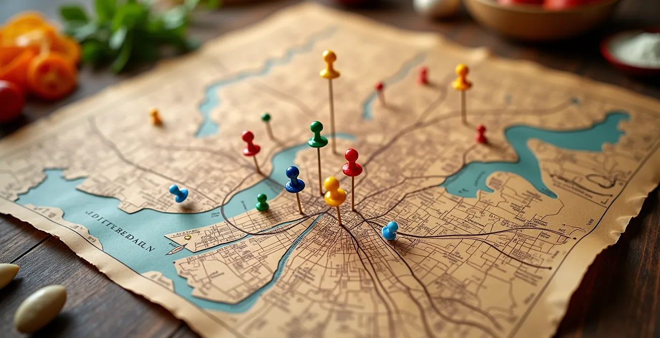 Carte conceptuelle des quartiers gastronomiques de Montréal avec des épingles colorées marquant les différentes cuisines du monde