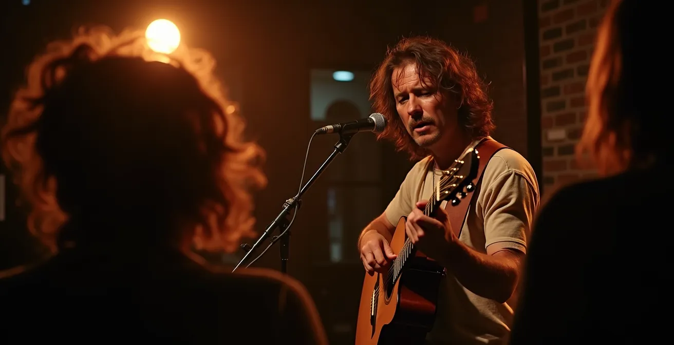 Intérieur chaleureux du Casa del Popolo avec musiciens sur scène et public proche