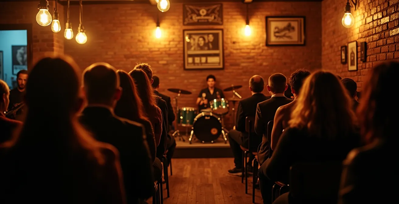 Vue intérieure chaleureuse d'une petite salle de concert avec murs de briques et éclairage tamisé