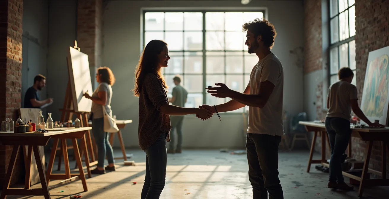 Atelier partagé montréalais montrant des artistes échangeant des outils dans un ancien entrepôt industriel