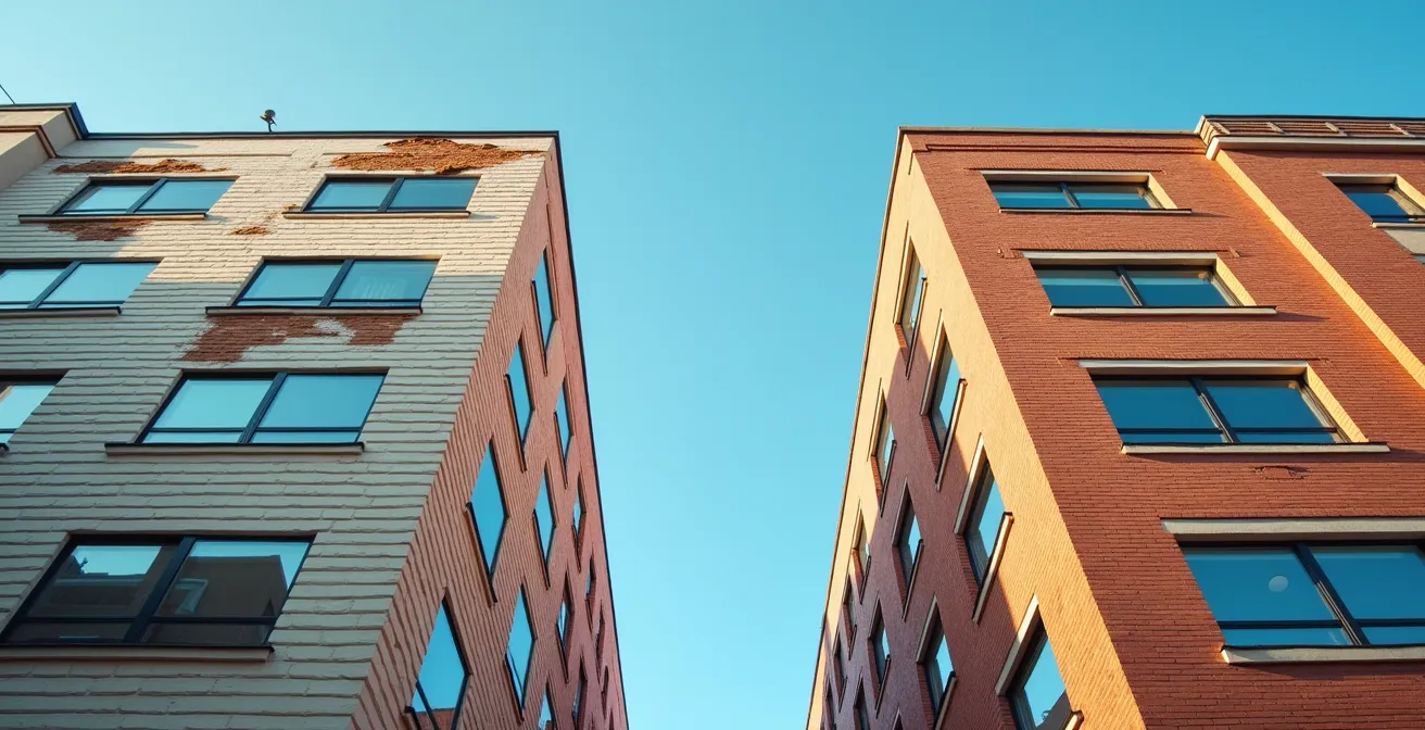 Comparaison symbolique entre façade de condo bas de gamme et haut de gamme
