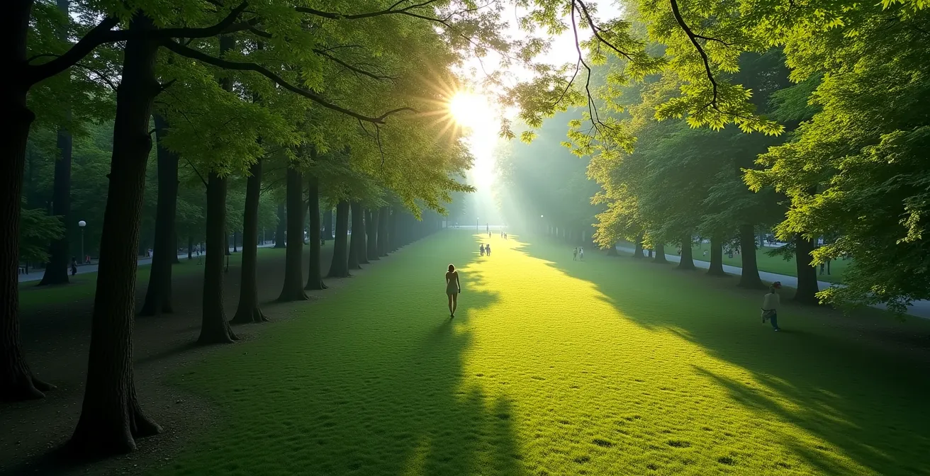 Vue aérienne contrastée montrant la densité forestière du Mont-Royal versus les espaces ouverts du parc Jarry