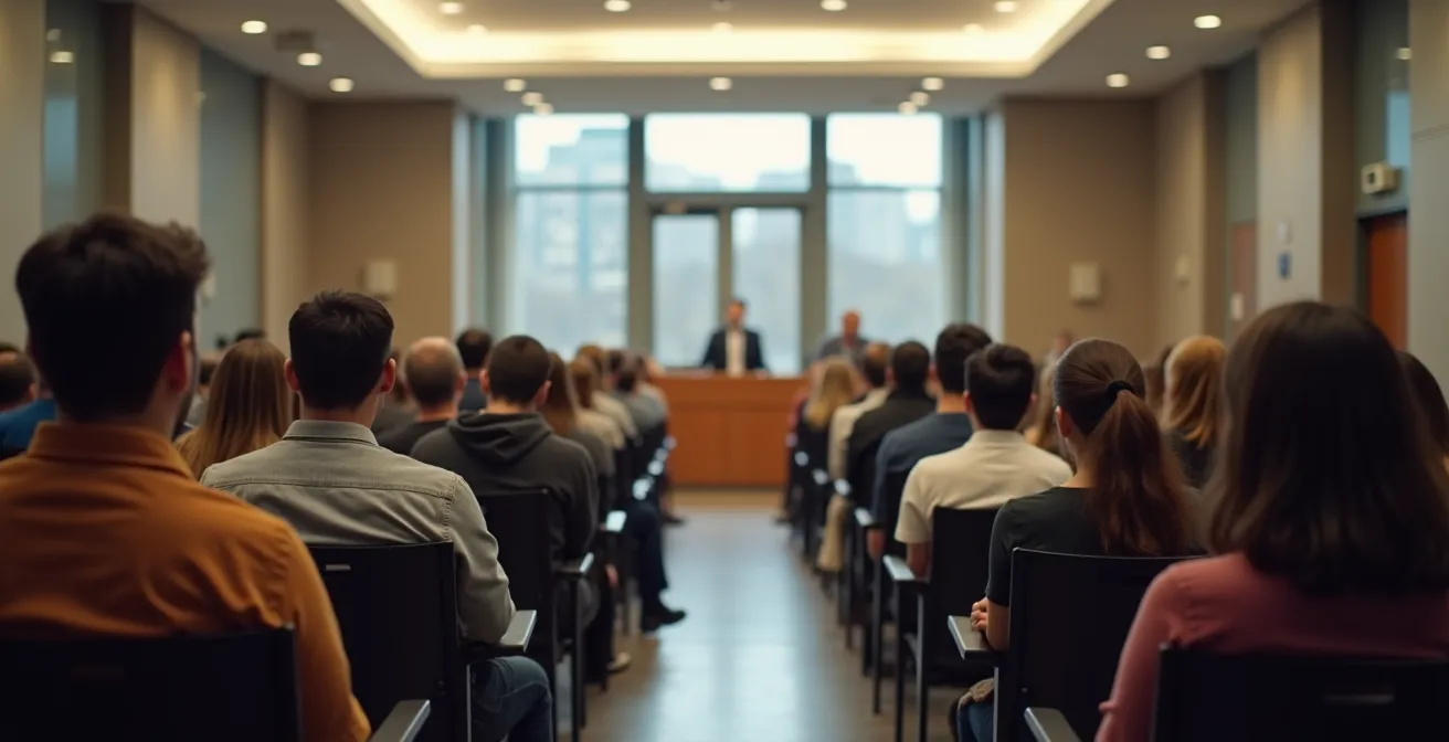 Salle de conseil d'arrondissement vue de l'arrière montrant des citoyens diversifiés écoutant une présentation
