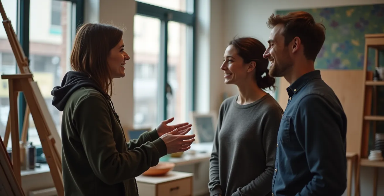 Portrait d'un échange respectueux entre un artiste et des visiteurs dans son atelier