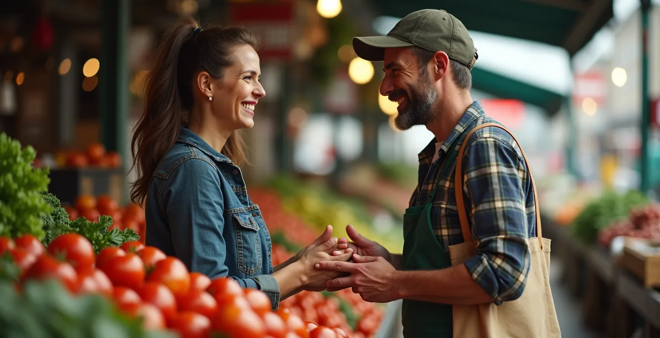 Producteur québécois souriant échangeant avec un client régulier devant un étal de légumes locaux