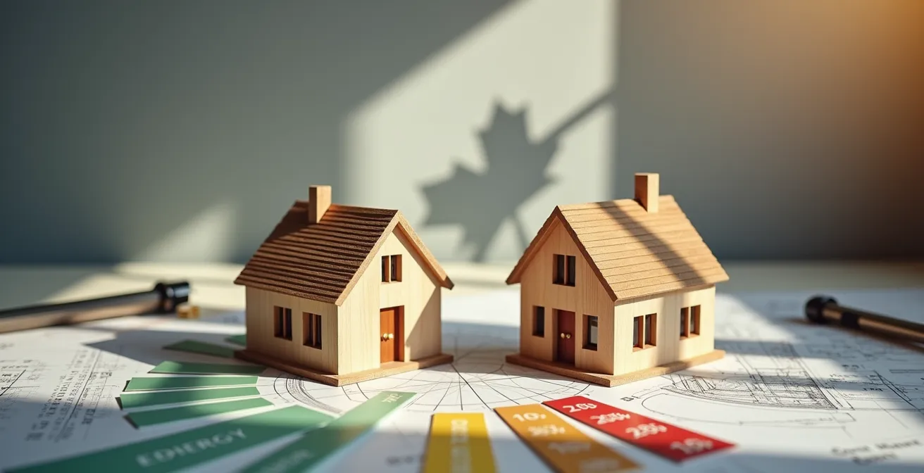 Comparaison visuelle de deux maisons avec leurs cotes énergétiques ÉnerGuide