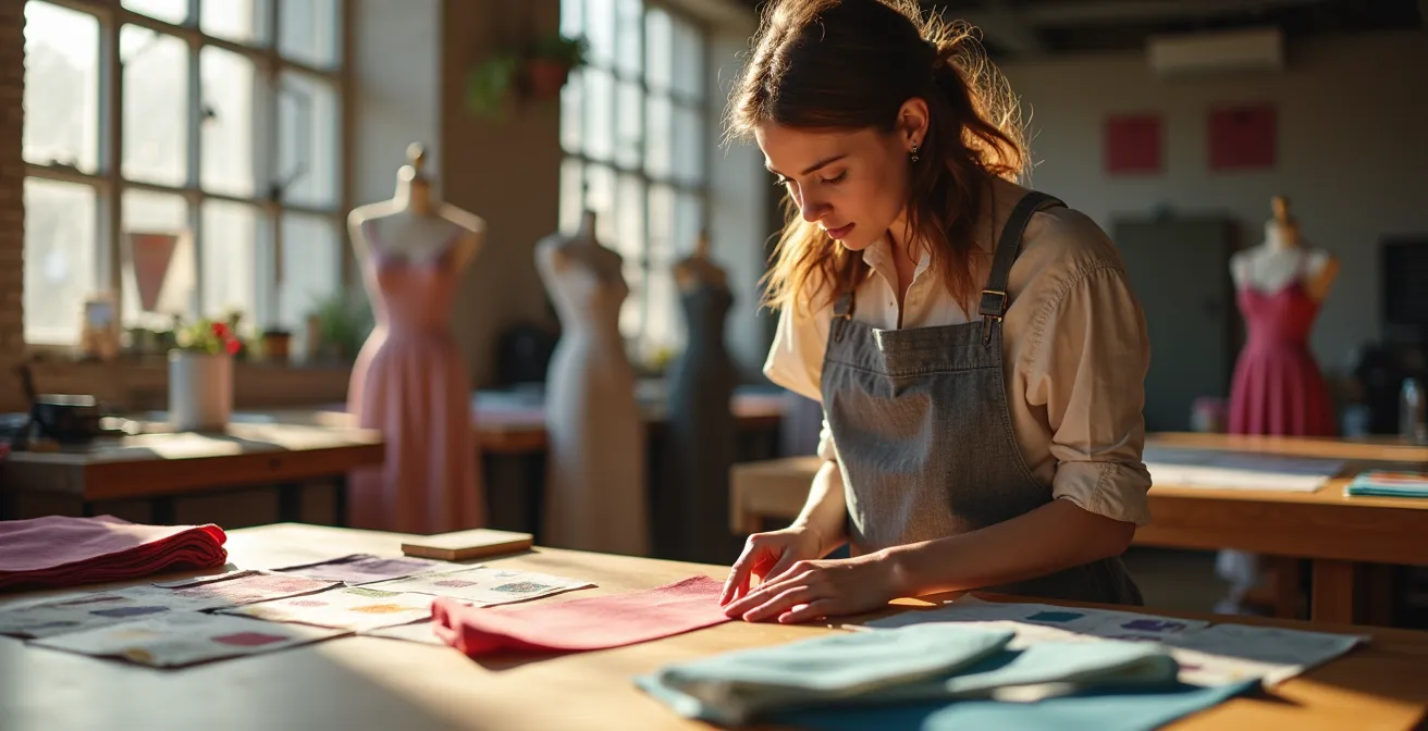 Intérieur d'atelier de création mode montréalais avec tissus colorés et artisans au travail