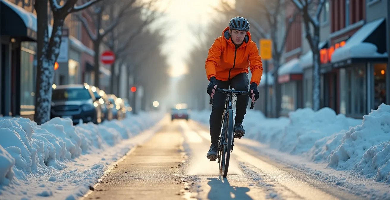 Cycliste circulant sur le REV Saint-Denis en hiver avec équipement adapté