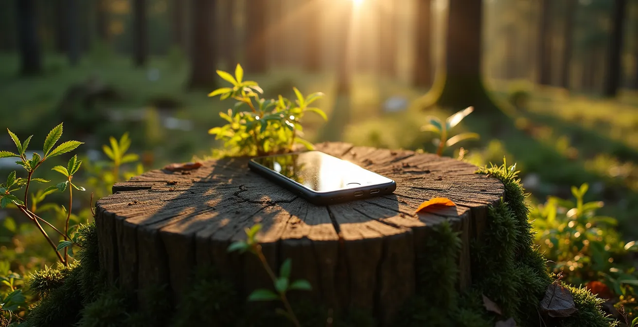 Téléphone abandonné sur une souche d'arbre en forêt boréale