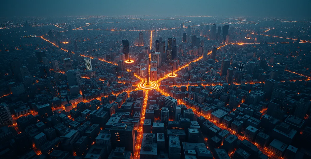 Carte conceptuelle de Montréal avec des indicateurs lumineux sur les quartiers émergents