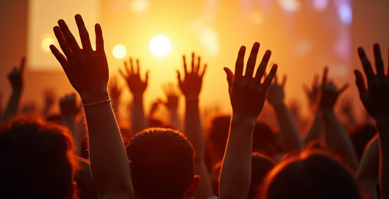 Mains levées d'une foule lors d'un concert en plein air à Montréal au coucher du soleil