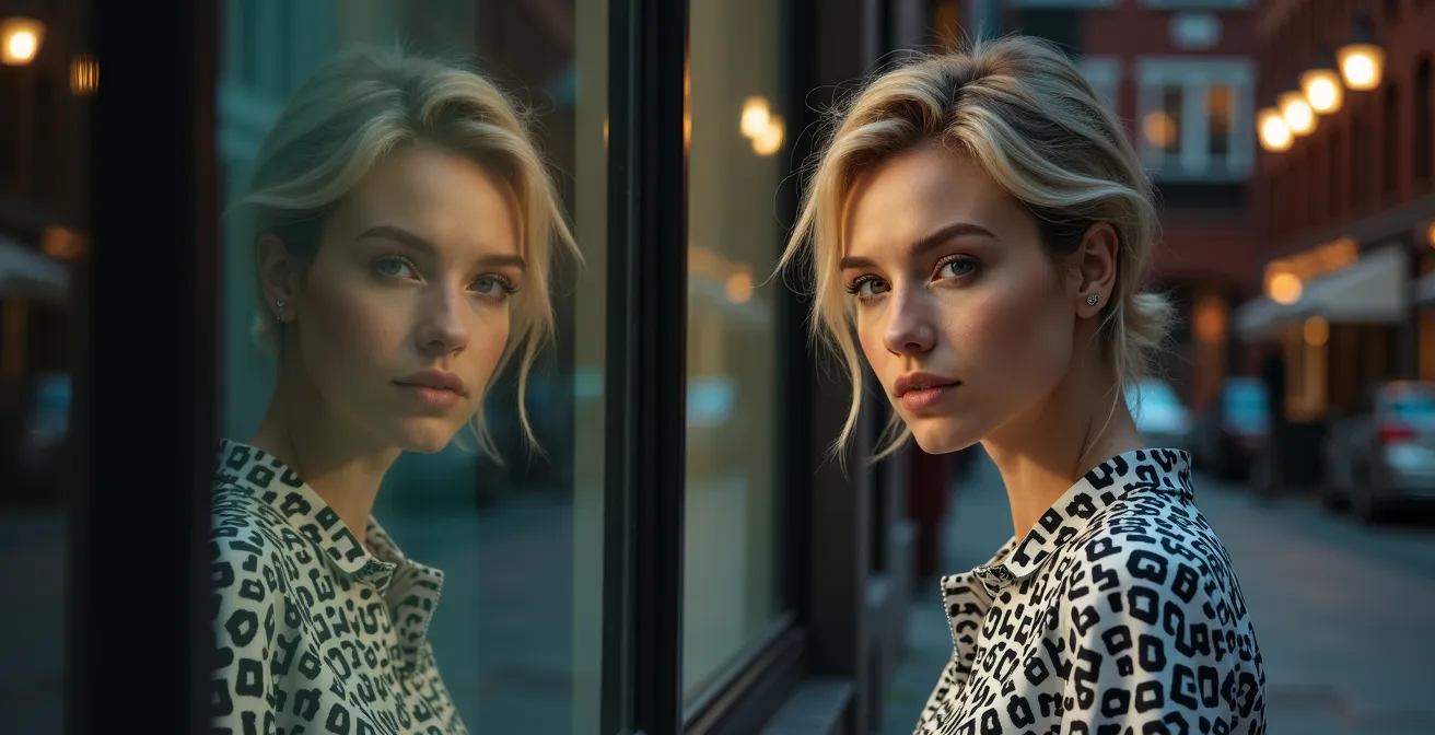 Personne regardant son reflet dans une vitrine du Plateau avec une posture confiante, symbolisant l'enclenchement cognitif.