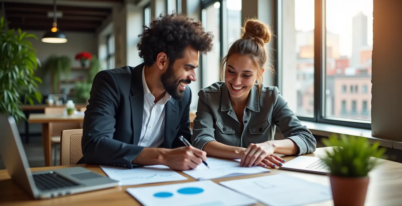 Entrepreneurs dans un bureau moderne de PME MTL consultant des documents de financement