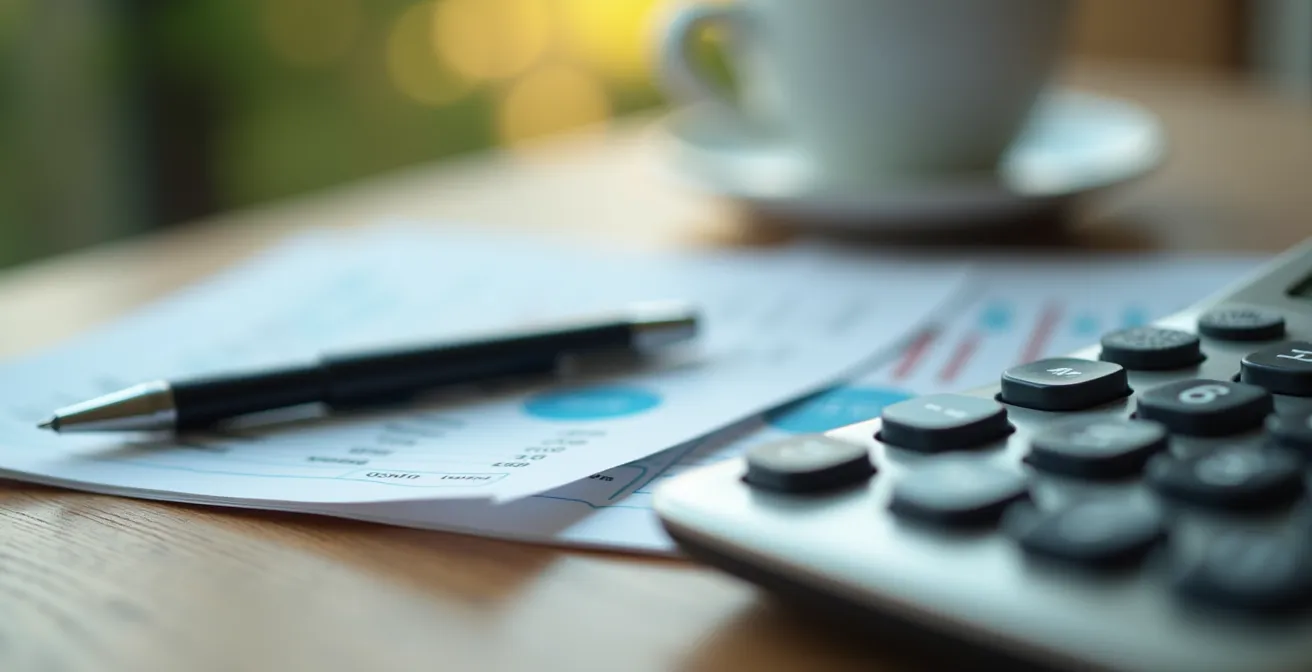 Détail macro de documents financiers et calculatrice pour l'achat immobilier