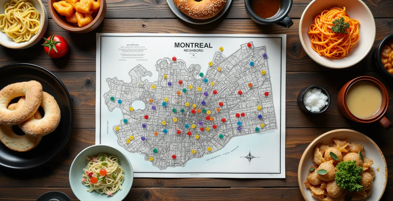 Vue aérienne stylisée des quartiers gastronomiques de Montréal avec épingles colorées marquant les zones culinaires