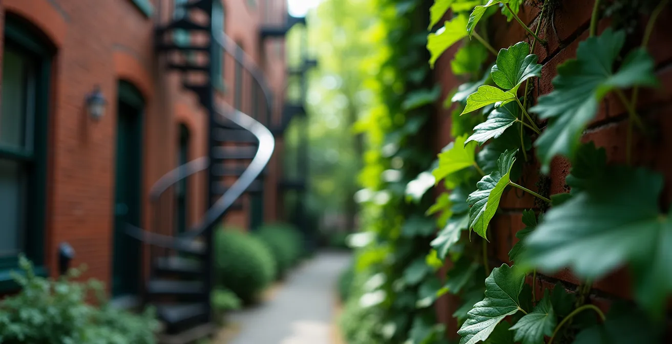 Ruelle verte de Montréal avec végétation luxuriante et architecture typique