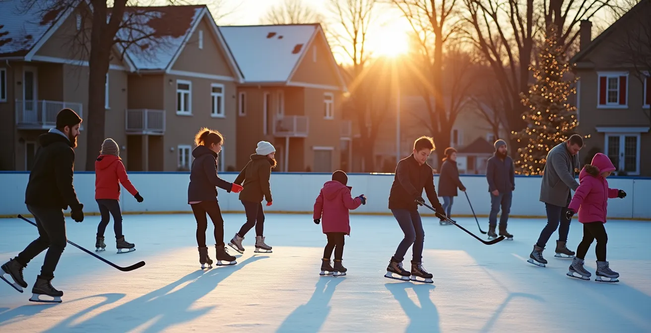 Famille multiculturelle apprenant à patiner ensemble sur une patinoire extérieure de quartier à Montréal