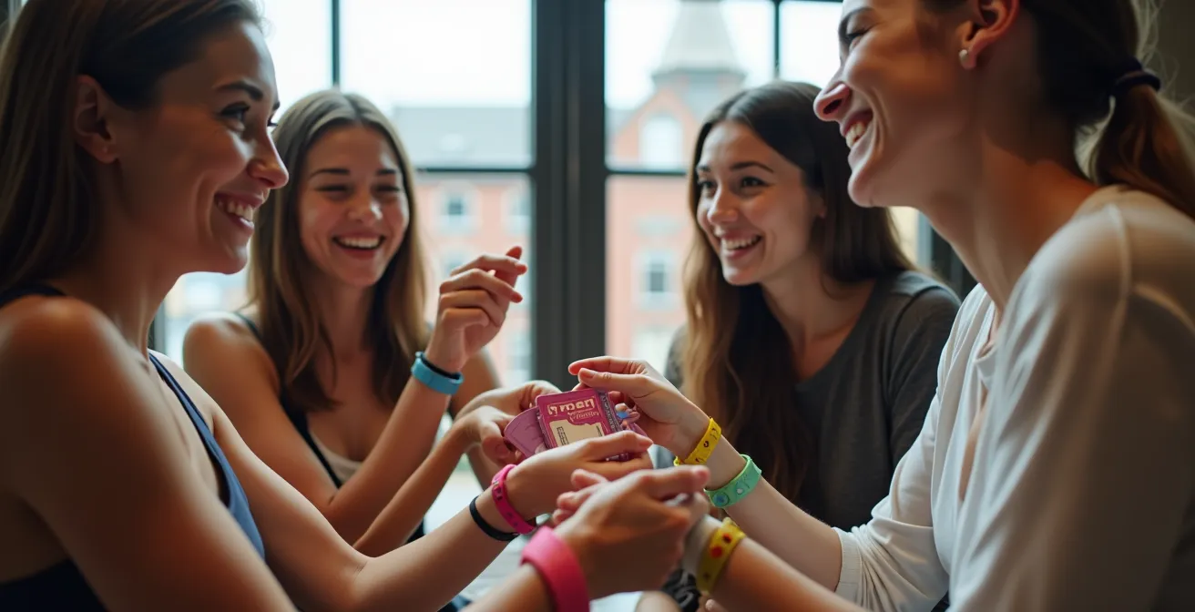 Groupe d'amis montrant leurs billets de festival avec sourires complices dans le Vieux-Port de Montréal