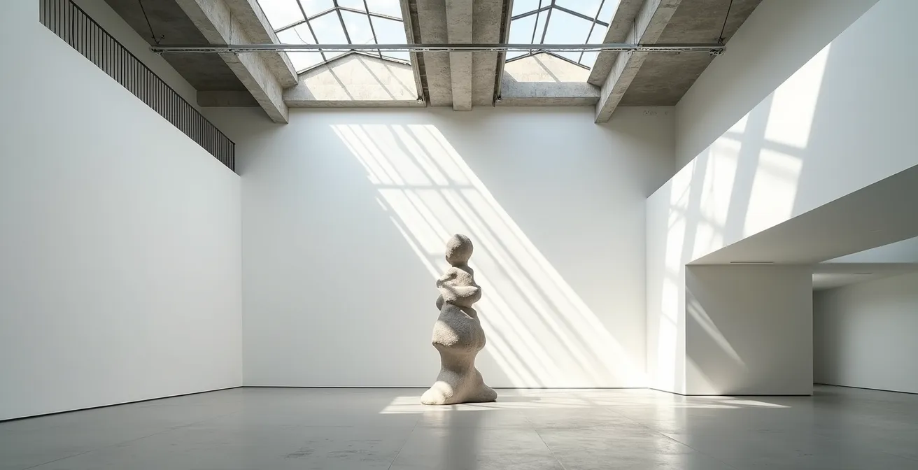 Espace d'exposition d'une galerie d'art émergent avec éclairage professionnel et œuvres contemporaines