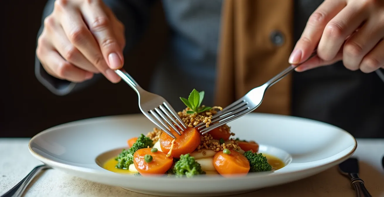 Mains élégantes manipulant des couverts lors d'un repas raffiné
