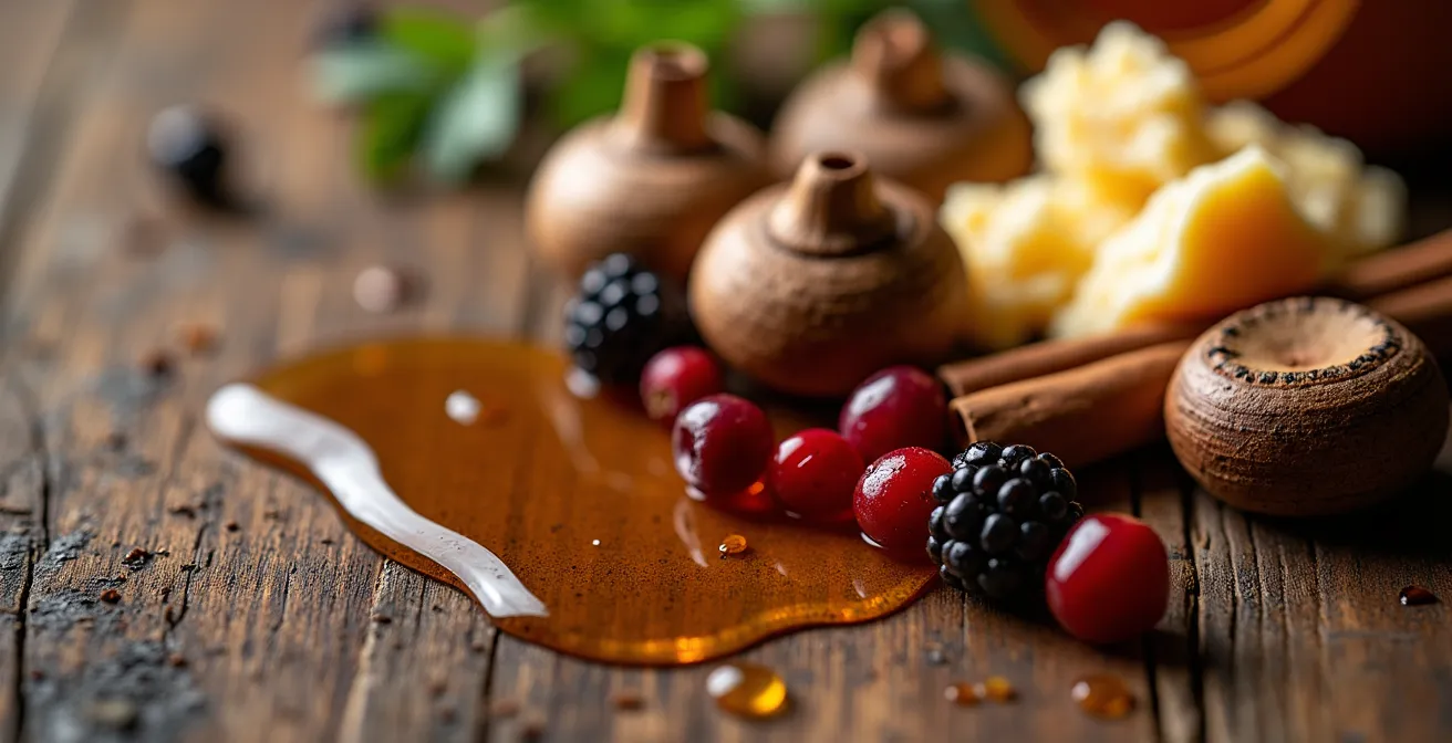 Arrangement artistique d'ingrédients du terroir québécois sur une table en bois