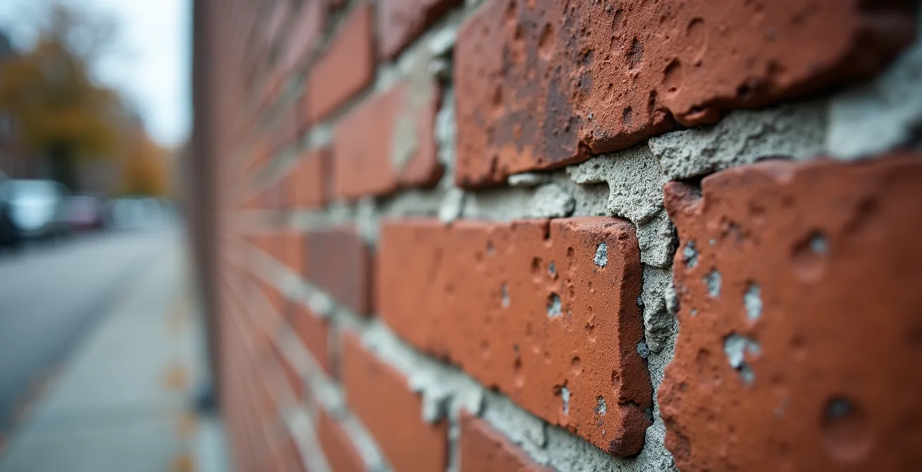 Gros plan macro sur un mur de brique montréalais montrant des signes de détérioration avec mortier effrité et micro-fissures