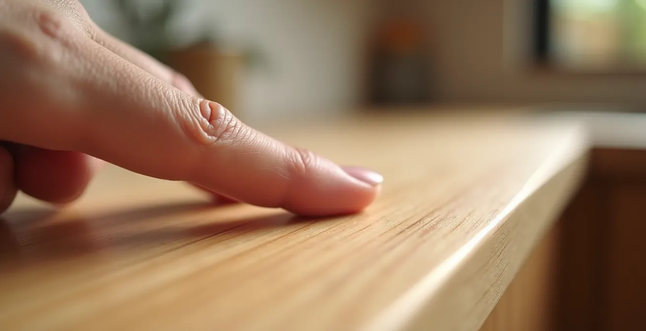 Gros plan sur une main inspectant la texture d'une armoire en mélamine dans un condo