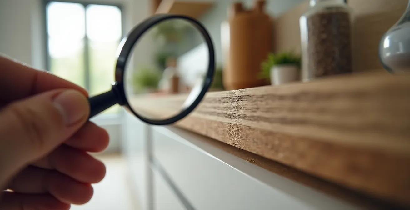 Gros plan sur une main inspectant la qualité d'une armoire en mélamine avec loupe