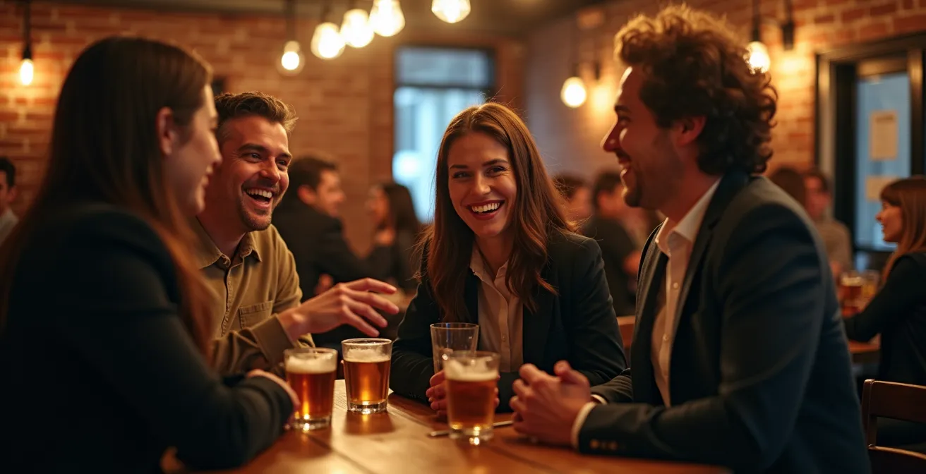 Groupe de professionnels diversifiés dans un 5 à 7 montréalais typique