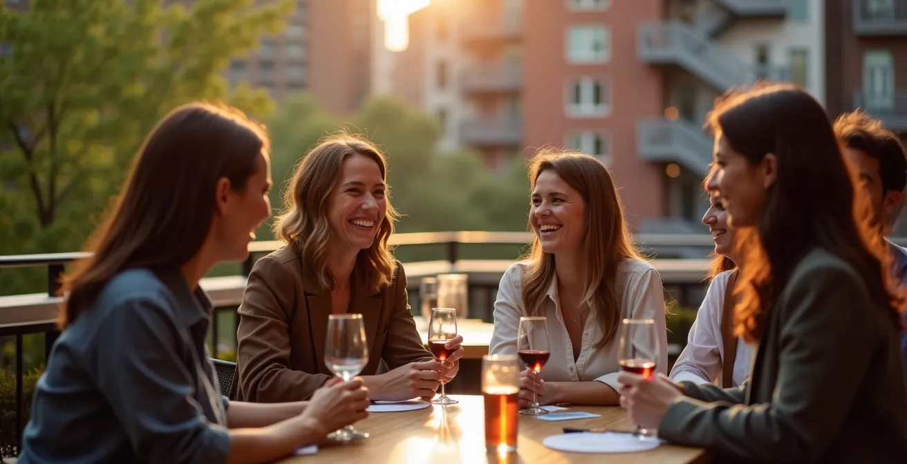 Groupe de professionnels lors d'un 5 à 7 sur une terrasse montréalaise