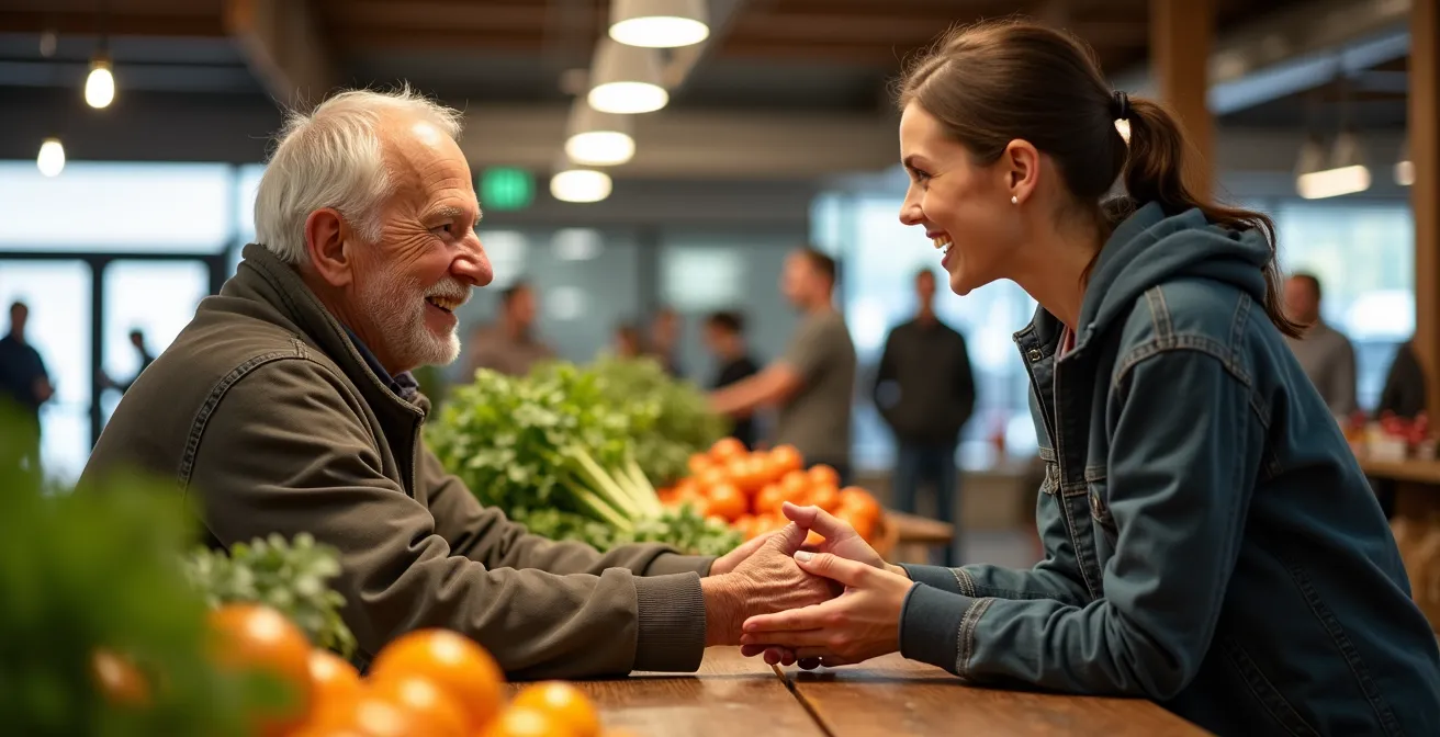 Échange chaleureux entre un producteur local et une cliente au marché avec légumes racines en premier plan