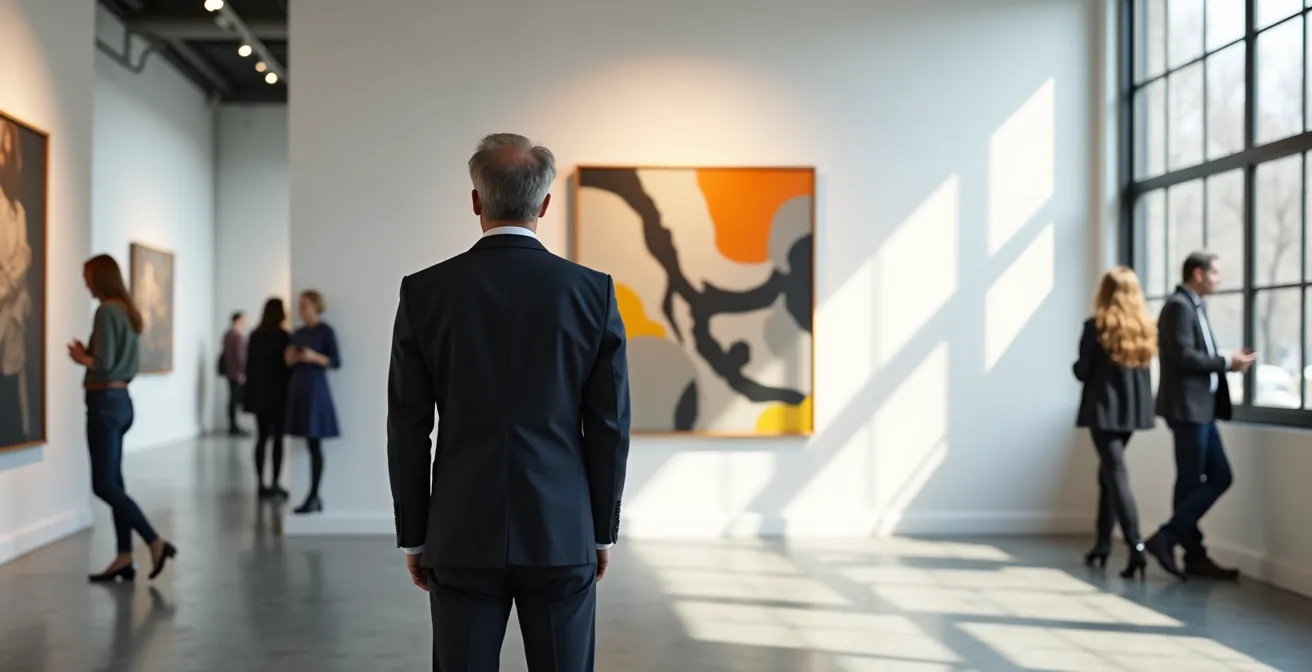 Intérieur épuré d'une galerie d'art contemporain montréalaise avec œuvres exposées