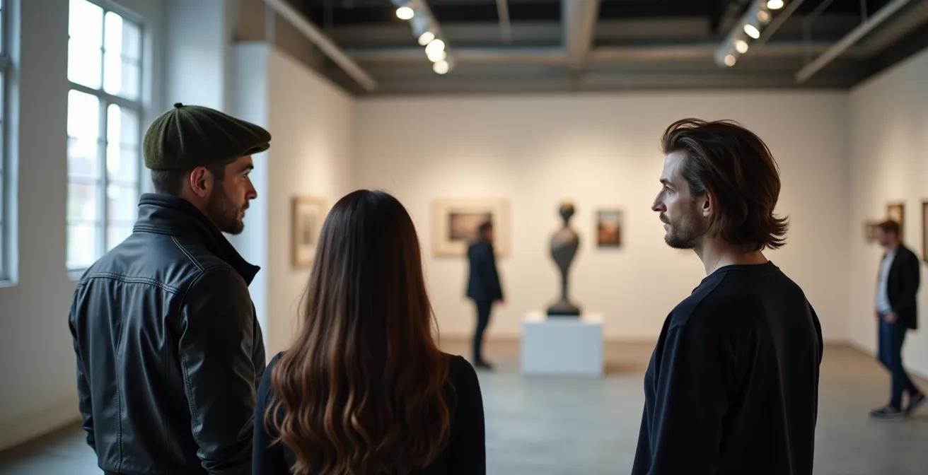 Étage lumineux du Belgo Building montrant une galerie d'art avec visiteurs observant des installations contemporaines