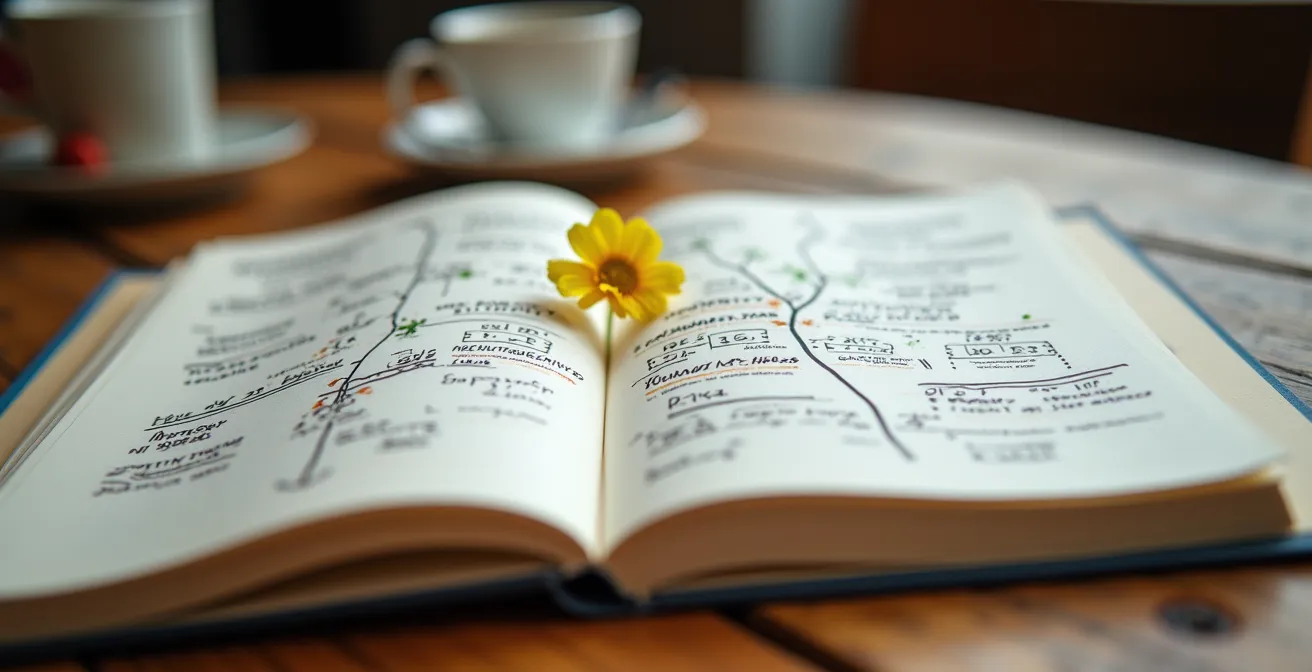 Journal personnel ouvert montrant des notes manuscrites d'évaluation d'impact communautaire