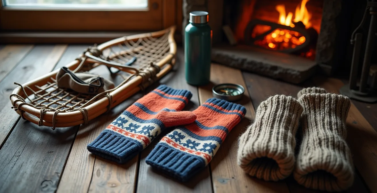 Équipement de micro-aventure disposé sur une surface en bois naturel