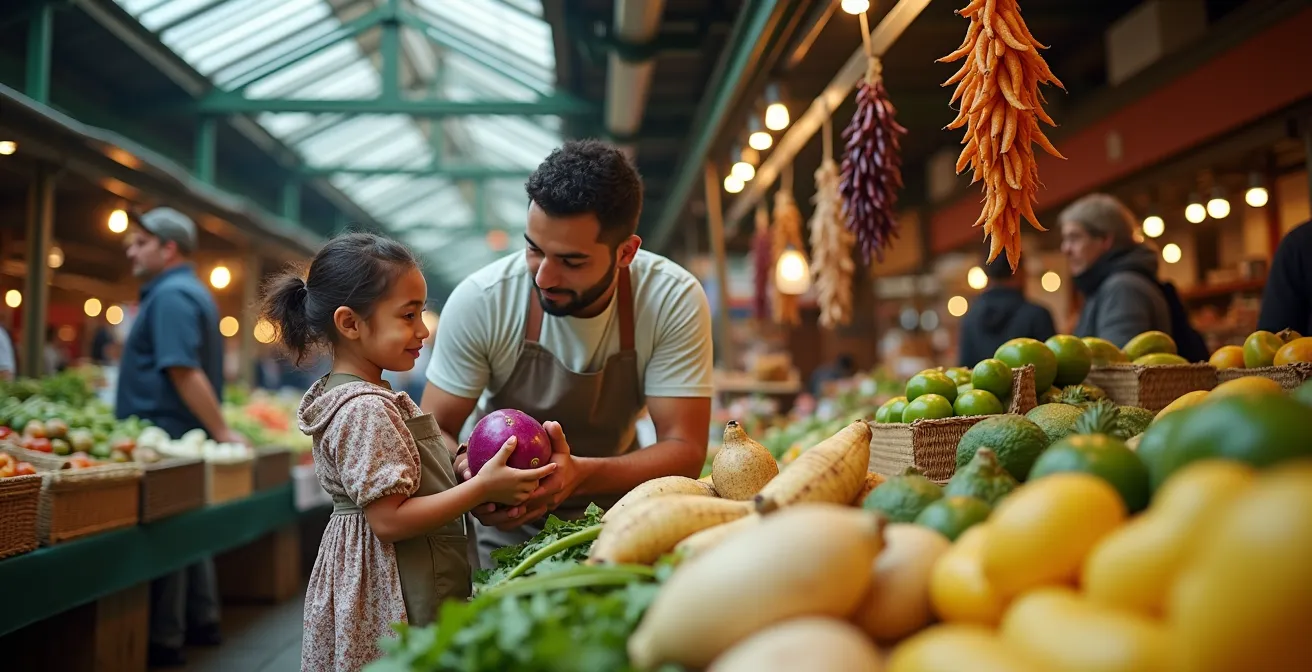 Famille explorant les étals colorés du marché Jean-Talon à Montréal