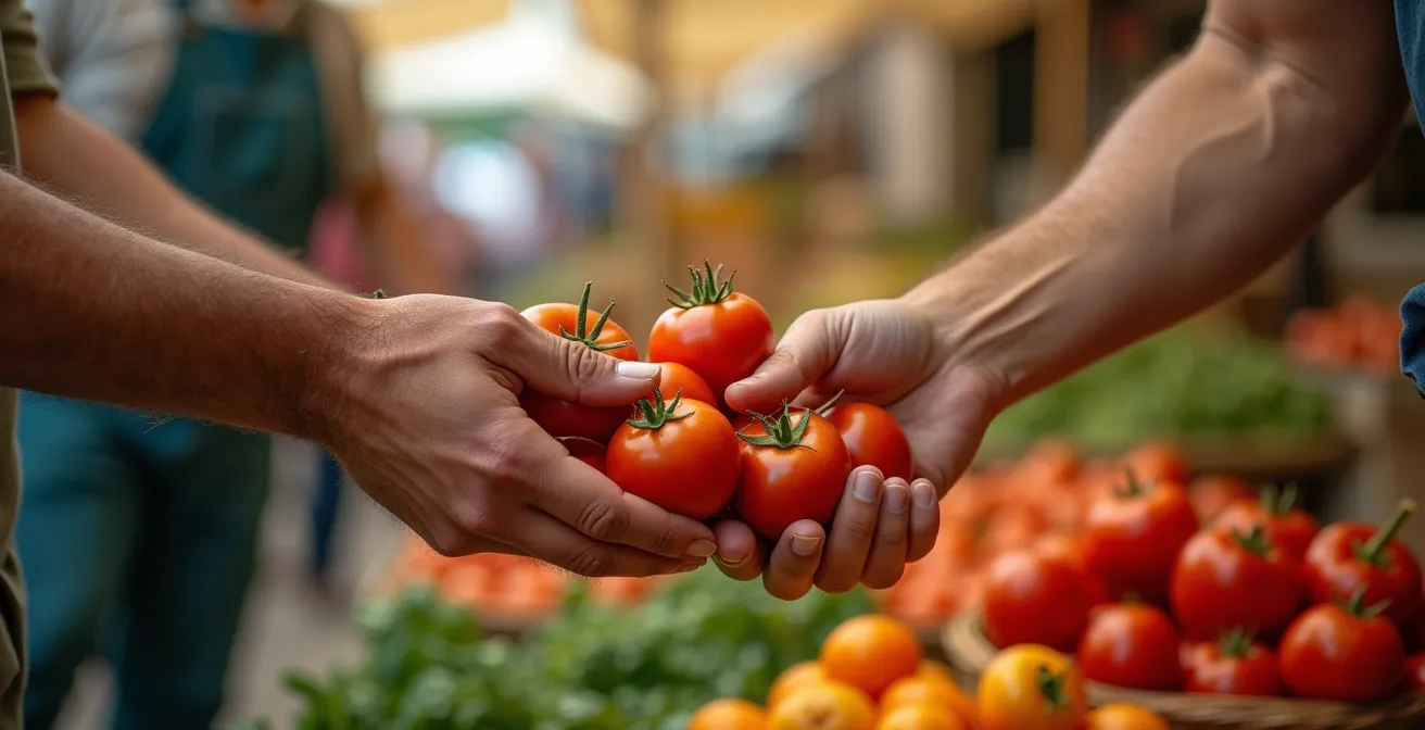 Gros plan sur un échange entre un marchand et un client au marché, focus sur les mains échangeant des produits frais avec des étals colorés en arrière-plan