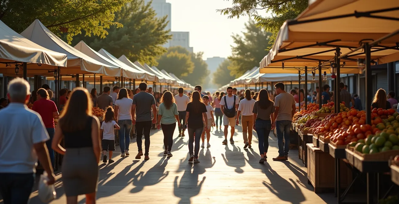 Vue d'ensemble d'un marché public animé montrant la diversité des interactions sociales