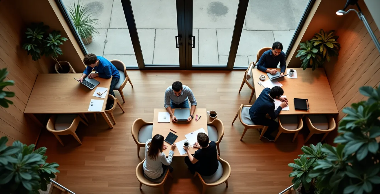Vue aérienne d'un café montréalais avec différentes zones de travail et ambiances distinctes