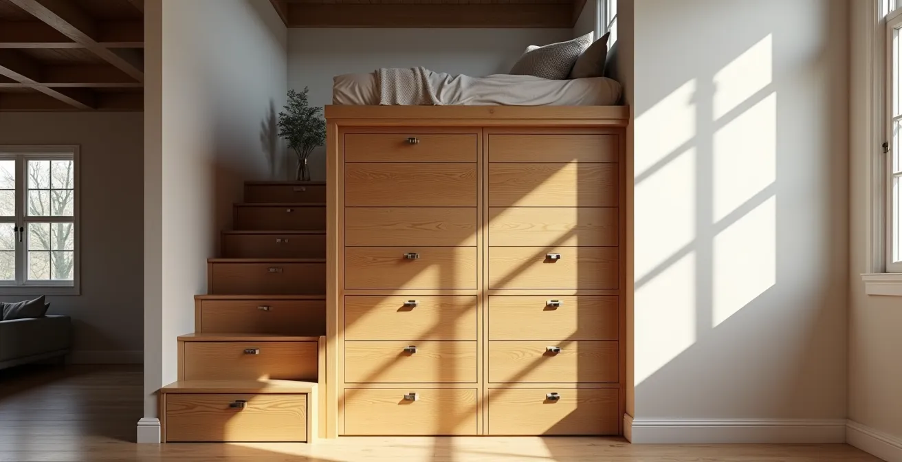 Vue d'une mezzanine moderne avec escalier-rangement dans un loft montréalais