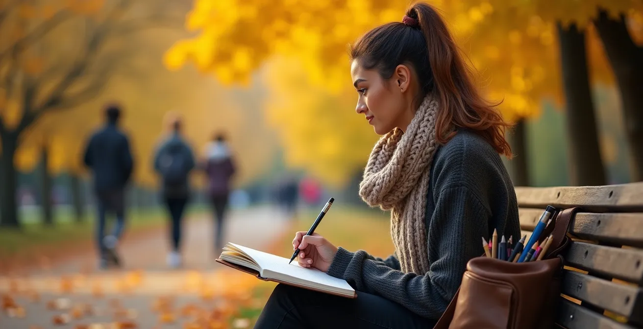 Une jeune femme dessine dans un carnet de croquis assis sur un banc du parc La Fontaine avec les arbres colorés d'automne