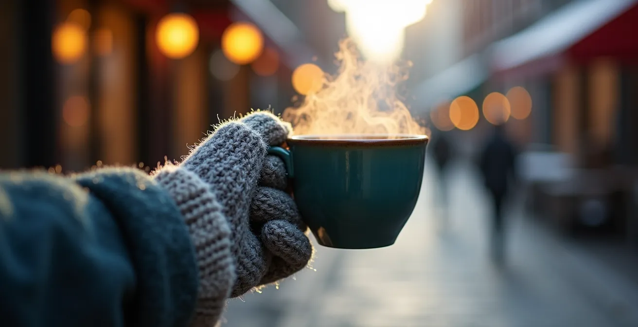 Détail macro d'une main gantée tenant un café fumant avec les pavés givrés du Vieux-Montréal en arrière-plan flou
