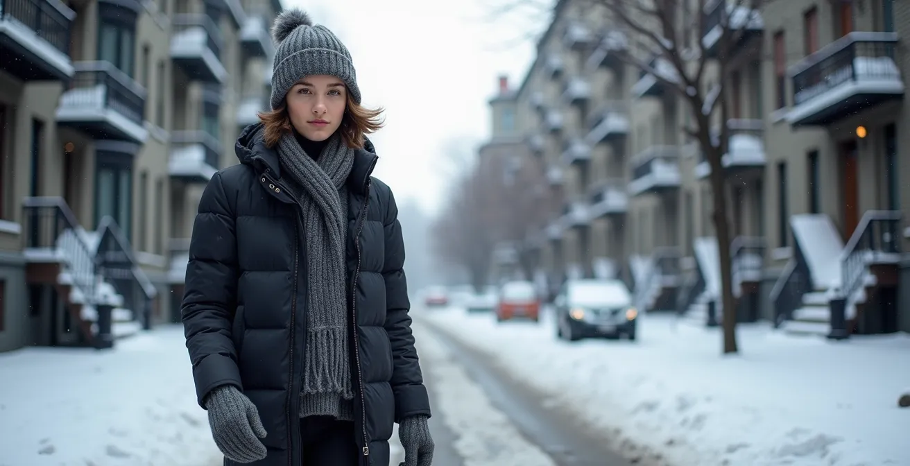 Portrait d'un jeune montréalais portant fièrement son manteau d'hiver créatif par -20°C